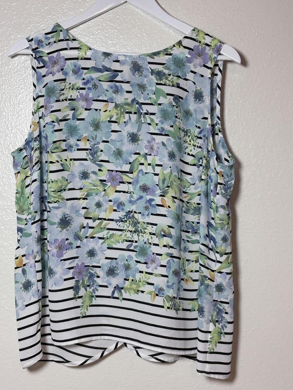 Talbots White Black Stripe Watercolor Floral Sleeveless Top Size Large
